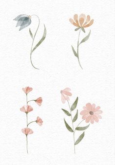 four watercolor flowers on white paper with green stems and pink ones in the middle