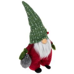 a small stuffed toy with a green hat and red coat on it's head