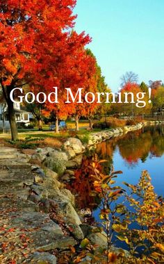 the words good morning are in front of a lake and trees with red leaves on it