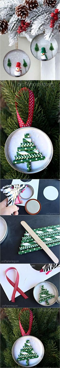 plates with christmas trees on them and ribbons hanging from the rims, all decorated in different colors