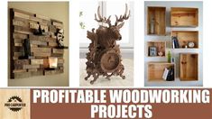 several woodworking projects including deer head, clock and shelves