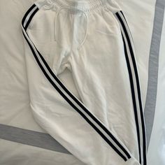 Perfect Condition! Great Price!! Trendy White Bottoms With Contrast Stripes, White Adidas Athleisure Joggers, Adidas White Athleisure Joggers, Sporty White Bottoms With Side Stripes, Adidas White Sporty Sweatpants, White Athleisure Joggers With Three Stripes, White Athleisure Sweatpants With Contrast Stripes, White Three-stripes Athleisure Joggers, White Three Stripes Joggers For Athleisure