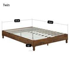 a bed frame with measurements for the top and bottom sides, including two mattresses