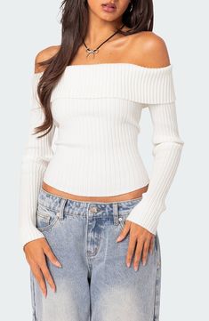 This chic sweater is knit with cozy ribbing in a shoulder-baring silhouette with a fold-over neckline. Off-the-shoulder neck Long sleeves 50% polyester, 50% rayon Machine wash, dry flat Imported Chic Sweaters, Knit Tops, Thanksgiving Outfit, Women Sleeve, Ribbed Sweater, Fold Over, Long Sleeve Knit, Sweater Outfits, Women Long Sleeve