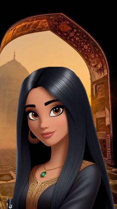 an animated woman with long black hair