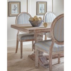 a dining room table with two chairs and a bowl of fruit on top of it