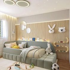 a child's bedroom decorated in neutral colors