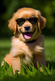 a dog wearing sunglasses sitting in the grass