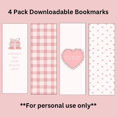 four printable bookmarks for personal use only, with hearts and bows on them