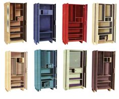 six different colored lockers with doors open