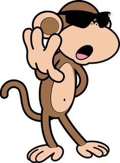 a cartoon monkey wearing sunglasses and giving the peace sign with his hand while standing on one leg