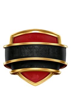 a red and black leather belt with gold trimmings on the bottom, in front of a white background