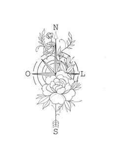 a drawing of a compass with flowers and leaves on the front, and an arrow in the back