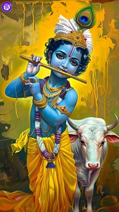 a painting of a hindu god playing the flute with a cow in front of him