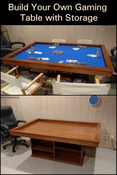 a table that has been turned into a gaming table with storage underneath it and the words build your own gaming table with storage below