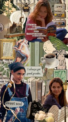 the collage has many different pictures and words on it, including two women in overalls