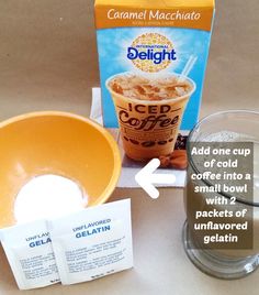 the ingredients needed to make an iced coffee drink are shown in front of a carton of ice cream