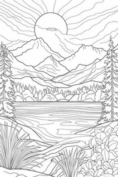 a landscape with mountains, trees and water in black and white coloring book page for adults