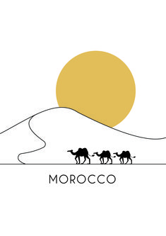 three camels are walking in the desert at sunset, with the word morocco below them