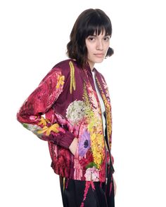 Jen Bomber Jacket | Wild Bouquet | thekitnyc – THE KIT. Relaxed Fit Track Jacket For Workwear In Spring, Casual Silk Outerwear For Work, Casual Long Sleeve Silk Outerwear, Silk Long Sleeve Outerwear For Fall, Silk Long Sleeve Fall Outerwear, Wild Bouquet, The Kit, Twill Jacket, Summer Favorites