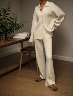 Elluis - Sophisticated Knitwear Ensemble: Coordinated Knitted Sweater, Wide-Leg Pants, and Open-Front Cardigan featuring Elegant Knit Patterns Pant Length, Open Front Cardigan, Knitted Sweater, Knit Patterns, Front Open, Leg Pants, Wide Leg Pants, Length Sleeve, Knitwear