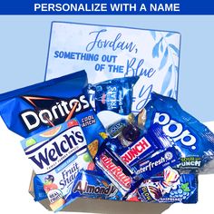 personalize with a name gift box filled with candy, snacks, and candies