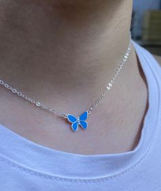 Butterfly Sterling Silver Pendant Necklace, Light Blue Ename Butterfly Pendant, Dainty Silver Butterfly Necklace Details: * the necklace and the charm made of 925 sterling silver * when you order please choose the length of the necklace that you need This necklace will send in gift box and gift wrapp too For more necklace click here: http://etsy.me/2yXSlcJ View my whole collection here: https://www.etsy.com/il-en/shop/tamarmany Beacuse this piece is custom made for you, it take between 3-5 busin Blue Dainty Necklace With Clavicle Chain, Dainty Blue Clavicle Chain Necklace, Blue Enamel Jewelry With Adjustable Chain, Blue Clavicle Chain Jewelry Gift, Blue Clavicle Chain Jewelry As Gift, Blue Clavicle Chain Jewelry For Gifts, Blue Clavicle Chain Necklace As A Gift For Her, Dainty Blue Necklace For Her, Blue Enamel Pendant Jewelry