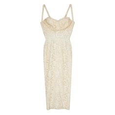 This French haute couture 1950s cream lace bustier dress hugs the female silhouette to perfection. The lace is incredibly intricate and has a lovely thickness to it - a testament to its quality. The bust area features a sweetheart neckline and shoulder straps made from the same lace material, with boning to the front offering shape and support. A zip and flattering slit can be found on the middle back of the dress. It isn’t lined and the original owner probably had bespoke, or couture undergarments made for the dress. They aren’t necessary and she can be comfortably worn as is. In excellent vintage condition, no issues noted with the lace and she is strong and wearable. A petite size, the dress would best fit a UK size 4-6 or US 0. Our model is a UK 6-8 and 5ft 4in. (163cm) and this dress