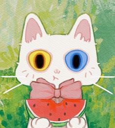 a painting of a white cat holding a watermelon slice