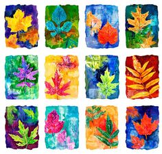 watercolor leaves are arranged in squares on a white background