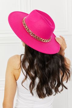 This super trendy felt hat comes in a beautiful fuchsia color that can bring a neutral outfit to life! This hat features a chain detailing and adjustable straps. Type: Fedora hat Pattern type: Contrast Material: 90% polyester, 10% plastic Imported Product measurements: Brim: 3.5 inInterior width: 6.8 inHeight: 4 inEstablished in 2010 in LA, Fame Accessories supplies women from all walks of life with quality and affordable jewelry and accessories. They seek to set trends instead of following them Fedora Hat Pattern, Rosé Hot, Felt Fedora, Stylish Hats, Pink Hat, Fuchsia Color, Neutral Outfit, Chain Belt, Affordable Jewelry