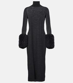 This Alaïa midi dress is crafted from virgin wool and features a turtleneck, long sleeves, and faux shearling-trimmed cuffs. It is made in Italy and requires dry cleaning. Azzedine Alaïa, Azzedine Alaia, Midi Dress Style, Black Midi Dress, Day Dresses, Designing Women, Saint Laurent, Dress Outfits, Midi Dress