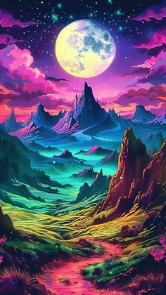 a painting of mountains and water at night with the moon in the sky above them