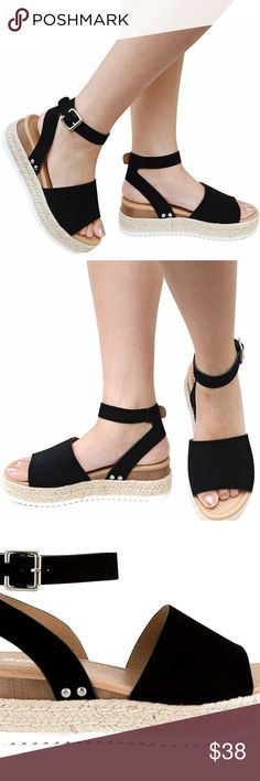 New Topic Black Platform Espadrille Wedge Sandal Update your shoe collection with these adorable comfy flatform sandals  New in box Man made material Open toe design Adjustable ankle strap  Approximate heel height: 2.5 in. Approximate platform height: 1.5 in.  Fitting Suggestion: True to size Soda Shoes Sandals Black Cushioned Wedge Sandals For Summer, Black Ankle Strap Wedge Sandals For Vacation, Black High Heel Espadrilles For Summer, Trendy Black Wedge Heel Espadrilles, Black High Heel Summer Espadrilles, Trendy Black Wedge Espadrilles, Summer Black High Heel Espadrilles, Black Adjustable Wedge Sandals For Vacation, Black Synthetic Wedge Heel Espadrilles