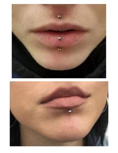 two pictures of lips with piercings on the top and bottom one has a nose ring