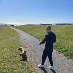 a man is walking his dog down the road