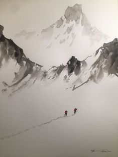 two people walking up the side of a snow covered mountain