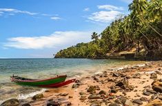 a boat is sitting on the beach near some rocks and palm trees in the background