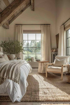 40 Neutral Bedroom Designs for an Earthy Aesthetic Master Rooms Bedrooms, Ideas For Large Bedrooms, Country Home Aesthetic Bedroom, European Minimalist Bedroom, Natural Style Bedroom Ideas, White And Off White Bedroom, Bedroom With Windows All Around, Earthy Master Bed, Organic Master Bed