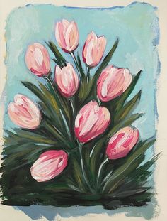 a painting of pink tulips on a blue background