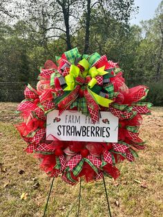 Hand made mesh wreath. Strawberry design with ribbon and wooden sign. Strawberry Wreath, Salt Rock, Strawberry Design, Mesh Wreath, Mesh Wreaths, Wooden Sign, Door Hangers, Door Wreaths, Wooden Signs