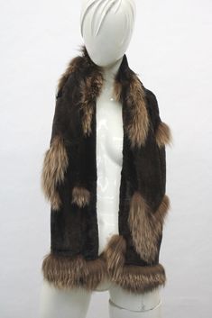 "DESCRIPTION: BEAUTIFUL & VERY STYLISH BROWN SHEARED BEAVER FUR SCARF WITH LIGHT BROWN FOX FUR TRIMMING FOR WOMEN! THE FUR ON THE BOTH SIDE, NO LINING! THIS ITEM IS BRAND NEW! SIZE:   5\" X 60\" WHY YOU SHOULD BUY YOUR PRE-OWNED FURS ONLY FROM OUR COMPANY? BECAUSE WE SIZE AND REPAIR OUR COATS BEFORE SHIPPING AND WE OFFER A RETURN POLICY...NO RISK 100% SATISFACTION. BRAND NEW COATS: ONCE MEASUREMENTS ARE RECEIVED (HEIGHT,WEIGHT, CHEST/BUST, SLEEVE LENGTH AND LENGTH OF THE COAT WANTED), YOUR BRAND Raccoon Fur Coat, Fox Fur Scarf, Sheepskin Jacket, Fur Scarf, Fox Fur, Men's Coats And Jackets, Fur Trim, Light Brown, Scarf Wrap