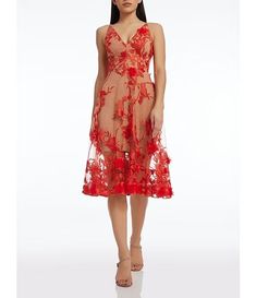 Dress the Population Audrey Floral Plunging V-Neck Sleeveless A-Line Midi Dress | Dillard's Sleeveless Midi Dress With Floral Applique For Party, Sleeveless Floral Applique Midi Dress For Evening, Red Sleeveless Dress With Floral Applique, Sleeveless Midi Dress With Floral Applique For Cocktail, Floral Embellished V-neck Evening Dress, Spring Cocktail Sleeveless V-neck Dress, Halter Neck Floral Embroidery Party Dress, Party Halter Neck Dress With Floral Embroidery, Party Dress With Floral Embroidery And Halter Neck