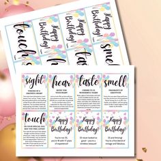 a printable birthday party game with balloons and confetti in the back ground