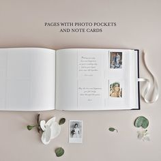 an open book with pictures and flowers on the table next to it, which is part of a wedding album