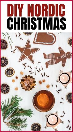 the cover of diy nordic christmass is surrounded by cookies and other holiday decorations