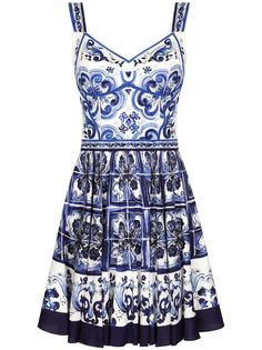 royal blue/white silk blend charmeuse Majolica print bustier-style neckline concealed rear hook and zip fastening wide shoulder straps flared skirt flared hem above-knee length partial lining Dolce And Gabbana Dress, Dress With Bustier, Majolica Print, Military Style Coats, Gabbana Dress, Dolce Gabbana Dress, Long Maxi Skirts, Cocktail Evening Dresses, Bustier Dress