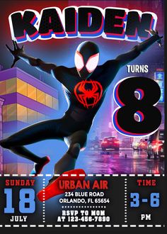 a spiderman birthday party poster with the number eight