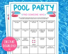 a pool party game with the words, find someone who's swimming in it