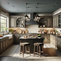 an image of a kitchen setting with bar stools and counter tops in the center